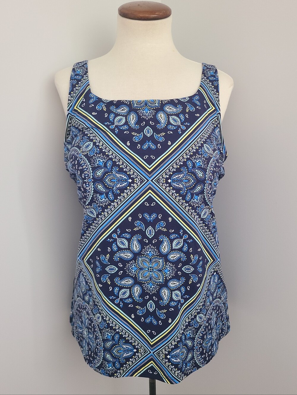 Lands' End Tankini Top Swimsuit Size 14 Mast Paisley Deep Sea Navy Square Neck